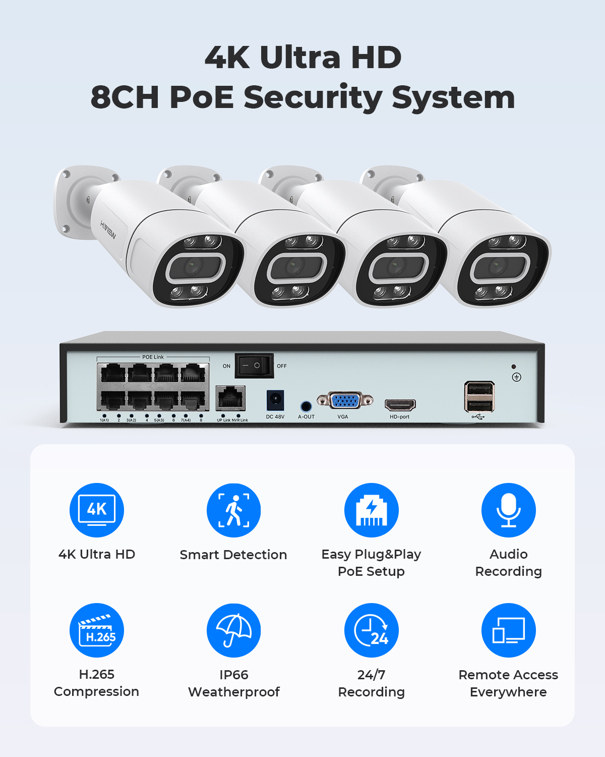 H.View 4K 5Мп 8Мп PoE система  – обзор и цена Home Security Adt